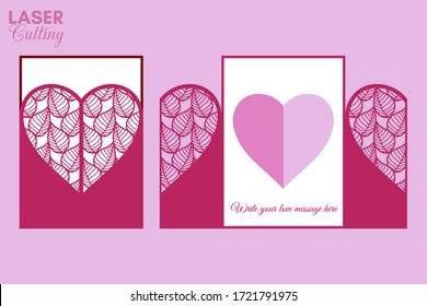 Laser cut template of gate fold card with leaves patterned heart for brochures, wedding invitations or Valentine's Day greeting card.