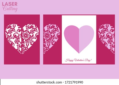 Laser cut template of gate fold card with decorative flowers patterned heart for brochures, wedding invitations or Valentine's Day greeting card.