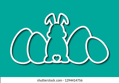 Laser cut template. Happy Easter eggs lie in line and rabbit with ears and tail. Easter Egg hunt. Vector silhouette fun bunny. Sample illustration isolated on green spring background. Die cut design.