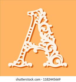 Laser cut template. Initial monogram letters. Fancy floral alphabet letter. May be used for paper cutting. Floral wooden alphabet font letter. Filigree cutout pattern. Vector illustration.