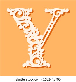 Laser cut template. Initial monogram letters. Fancy floral alphabet letter. May be used for paper cutting. Floral wooden alphabet font letter. Filigree cutout pattern. Vector illustration.