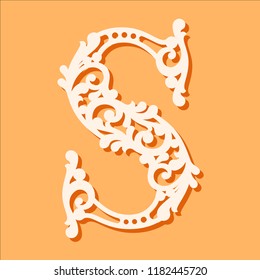 Laser cut template. Initial monogram letters. Fancy floral alphabet letter. May be used for paper cutting. Floral wooden alphabet font letter. Filigree cutout pattern. Vector illustration.