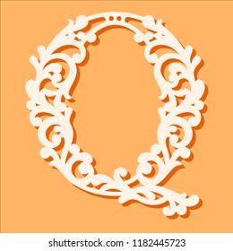 Laser cut template. Initial monogram letters. Fancy floral alphabet letter. May be used for paper cutting. Floral wooden alphabet font letter. Filigree cutout pattern. Vector illustration.