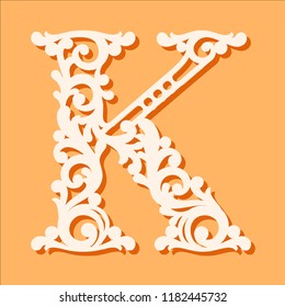 Laser cut template. Initial monogram letters. Fancy floral alphabet letter. May be used for paper cutting. Floral wooden alphabet font letter. Filigree cutout pattern. Vector illustration.