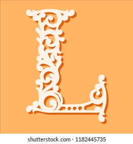 Laser cut template. Initial monogram letters. Fancy floral alphabet letter. May be used for paper cutting. Floral wooden alphabet font letter. Filigree cutout pattern. Vector illustration.