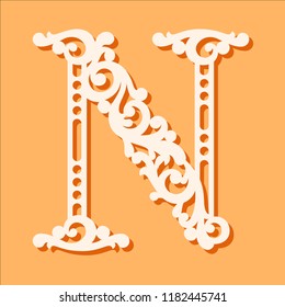 Laser cut template. Initial monogram letters. Fancy floral alphabet letter. May be used for paper cutting. Floral wooden alphabet font letter. Filigree cutout pattern. Vector illustration.