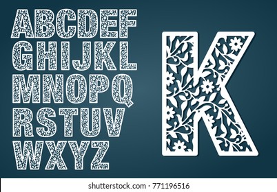Laser cut template. Initial monogram letters. Fancy floral alphabet letter. May be used for paper cutting. Floral wooden alphabet font letter. Filigree cutout pattern. Vector illustration.