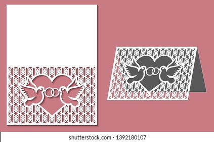 Laserschnitt-Vorlage der Einladungskarte. Zwei Vögel mit Hochzeitsringen. Silhouette Ehe Schmuck, einige Tauben in Liebe. Hochzeitsvektorkunst. Für Holzschnitzereien, Papierschnitt, Stempel für Stanzschnitt.