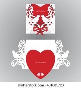 Laser cut template. An invitation to the event. White birds and red heart. Vector stock.