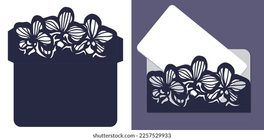 Laser cut template. Lace envelope for die or laser cutting with pattern of orchids. Wedding invitation stationery. Vector illustration.