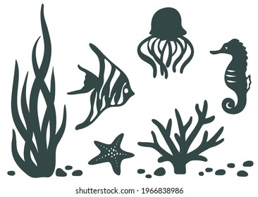 Laser cut template. Marine animals black silhouettes set: starfish, seaweed, jellyfish, sea horse, tropical reef fish closeup isolated on white. Wildlife sea coral reef, iron on, vector, vinyl design.