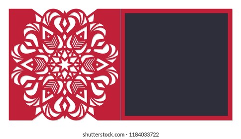 Laser cut template. Merry Christmas and happy New Year fold envelope. Christmas lace invitation. Greeting laser cutting card with sharp snowflake ornament. Paper cutout vector illustration.