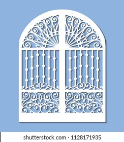 Laser cut template of metal gate with forged ornament and decorative grid. Steel sliding door with lace pattern at vintage style. Openwork vector silhouette. Iron fence isolated on blue background.