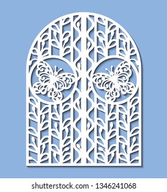Laser cut template of metal gate with forged ornament, decorative grid, butterfly. Steel sliding door, lace pattern at vintage style. Openwork vector silhouette. Iron fence isolated on blue background