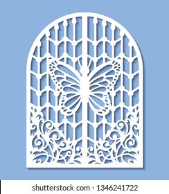 Laser cut template of metal gate with forged ornament, decorative grid, butterfly. Steel sliding door, lace pattern at vintage style. Openwork vector silhouette. Iron fence isolated on blue background