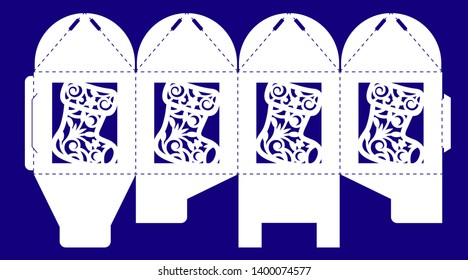 Laser cut template. Openwork box with lace ornament. Vector bonbonniere for wedding, birthday party, baptism. Silhouette of christmas sock. Gift box for wood carving, paper cut, stamp for die cut.