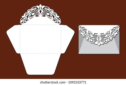 Laser cut template of openwork vector silhouette. For wedding invitation card with lace border at vintage style. Envelope with ornate abstract ornament. Decorative design pattern for holiday party.