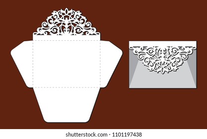 Laser cut template of openwork vector silhouette. For wedding invitation card with lace border at vintage style. Envelope with ornate abstract ornament. Decorative design pattern for holiday party.