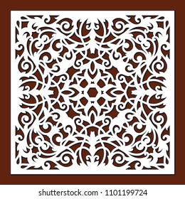 Laser cut template of openwork vector silhouette. Panel for wedding invitation card with lace border at vintage style. For envelope with ornate abstract ornament. Decorative design pattern for holiday