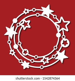 Laser cut template of openwork vector pattern. Frame in shape of wreath with stars and circles. Silhouette of round border for xmas invitation card. Vintage christmas decoration for paper cut out.