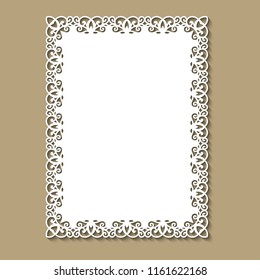 Laser cut template of ornamental frame with openwork decoration on gold background. Wedding or greeting invitation card with lacy edge of the border at vintage style. Rectangular vector silhouette.