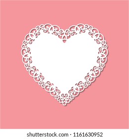 Laser cut template of ornamental frame with openwork decoration on red background. Wedding or Valentine's day invitation card with lacy edge of border. Vintage style. Shape of heart vector silhouette.