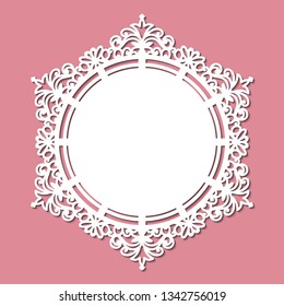 Laser cut template of ornamental frame. Openwork napkin on pink background. Wedding, greeting invitation card. Lacy edge of border at vintage style. Round decorative vector silhouette. Cut out paper.