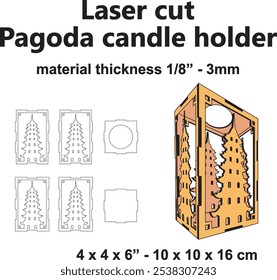 Plantilla cortada por láser Portavelas oriental de Pagoda Vector de corte por láser mdf carpintería de madera Decoración para el hogar manualidades de bricolaje