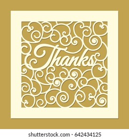 Laser cut template pattern with lettering THANKS. Elegant curled abstract design for celebration events, wedding favor box, greeting cards, stencil, gift and candy box, paper, wood cutting. Vector.