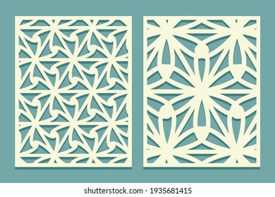 Patrones de plantillas de corte láser. Cortadura o talla de madera, diseño de paneles, arte de papel, fondo de tarjeta o decoración interior, plantillas de tarjetas de felicitación. Ornamento de entramado de esténcil. Ilustración del vector