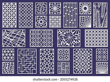 Laser Cut Template Patterns, Paper Art Or Metal Cutting Panels. Abstract Texture Decorative Laser Cut Panels Vector Illustration Set. Cutting Engraving Panels Pattern Metal Decorative