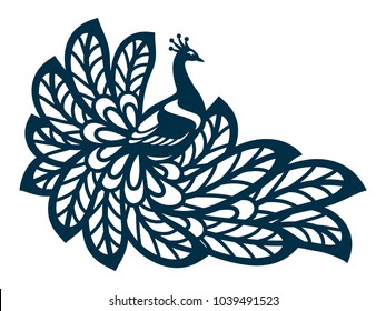 Laser Cut Template. Peacock Silhouette Isolated. Vector Illustration Hand Drawn. Vintage Paper Cut Style. Fantasy Birds Isolated. Ornamental Bird For Your Design.