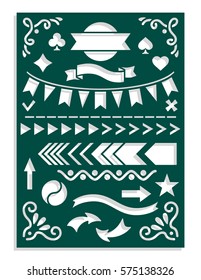 Laser cut template for planner notebook or journal dairy stencil. Arrows, dividing lines, flags, openwork corners, symbols for fields notes. Vector illustration.