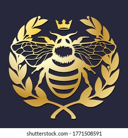 Plantilla de corte láser. Calcomanía de abejas real. Pegatina de pared. Vestir el escudo de abejas. Diseño de tatuajes de abejas reina de la corona. Arte vectorial. Logotipo de oro para la compañía de alimentos, joyería, educación, entrega, etc.