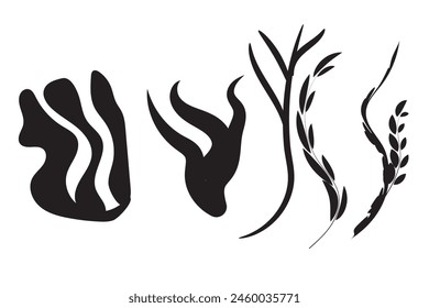 Laser cut template of seaweeds. Coral reef underwater plants vector collection. Aquarium alga set, ocean water plants, sea starfish silhouette. Illustration for wood carving, paper cut, die cut s