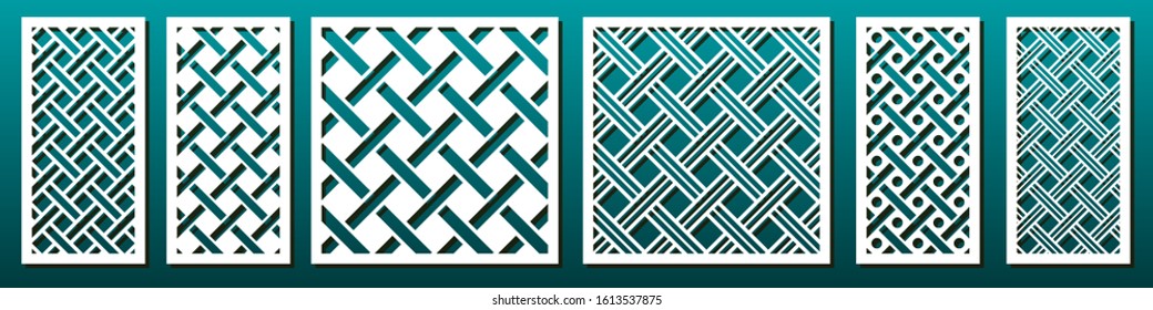 Laser cut template set, abstract geometric pattern. Panel decor, metal cutting, wood carving, paper art, fretwork stencil design. Vector illustration