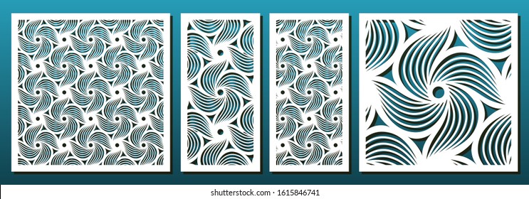 Laser cut template set, abstract geometric pattern. Panel decor, metal cutting, wood carving, paper art, fretwork stencil design. Vector illustration