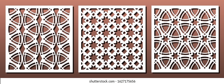 Laser cut template set, abstract geometric pattern. Panel decor, metal cutting, wood carving, paper art, fretwork stencil design. Vector illustration