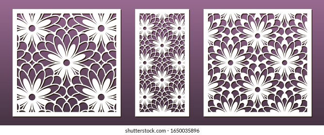 Conjunto de plantillas de corte láser, patrón geométrico abstracto. Decoración de paneles, corte metálico, tallado de madera, arte de papel, diseño de esténciles. Ilustración del vector