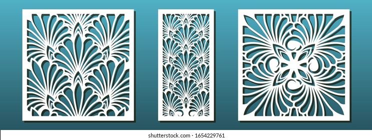 Laser cut template set, abstract floral geometric pattern. Panel decor, metal cutting, wood carving, paper art, fretwork stencil design. Vector illustration