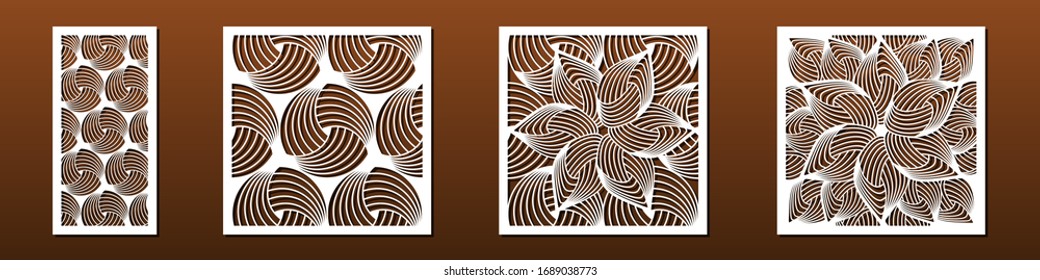Laser cut template set, abstract geometric pattern. Panel decor for room interior design. Wood, glass, metal cutting. Vector illustration