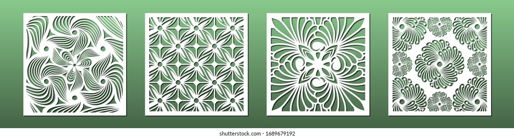 Laser cut template set, abstract geometric pattern. Panel decor for room interior design. Wood, glass, metal cutting. Vector illustration