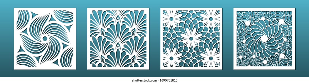 Laser cut template set, abstract geometric pattern. Panel decor for room interior design. Wood, glass, metal cutting. Vector illustration