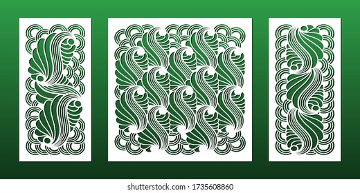 Laser cut template set, abstract modern geometric pattern. Decorative panels for  interior design, wall art, home decor, card background. Wood, glass, metal cutting. Vector illustration