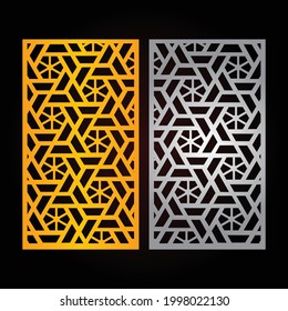 Juego de plantillas de corte láser, patrón geométrico abstracto. Decoración de paneles, corte metálico, tallado de madera, arte de papel, diseño de esténciles. Archivo de ilustración de vector