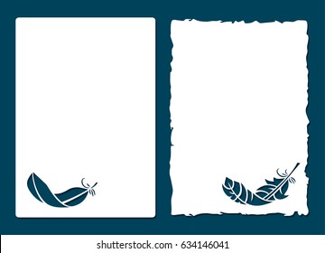 Laser cut template. Set of blank old paper sheets with feather. The parchment for laser cutting. Feather on a background of the empty form for the letter. 