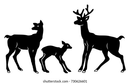 Laser cut template. A set of cutout deer silhouettes. A family group. Newborn fawn with mom and stag. Vector illustration suitable for printing, engraving, laser cutting paper, wood, metal.