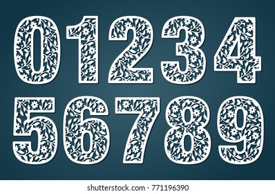 Laser Cut Template. Set Of Laser Cutting Numbers. Fancy Floral Alphabet. May Be Used For Paper Cutting. Floral Wooden Alphabet Font. Filigree Cutout Pattern. Vector Illustration.
