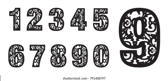 Laser Cut Template. Set Of Laser Cutting Numbers. Fancy Alphabet. May Be Used For Paper Cutting.New Year Wooden Alphabet Font. Filigree Cutout Pattern. Vector Illustration.