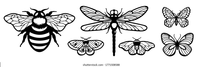 Laser cut template. Set of insects: butterfly, dragonfly and bee. Silhouettes flying insects icons. Collection of black butterflies isolated. Wood carving vector for wedding invitation, greeting card.